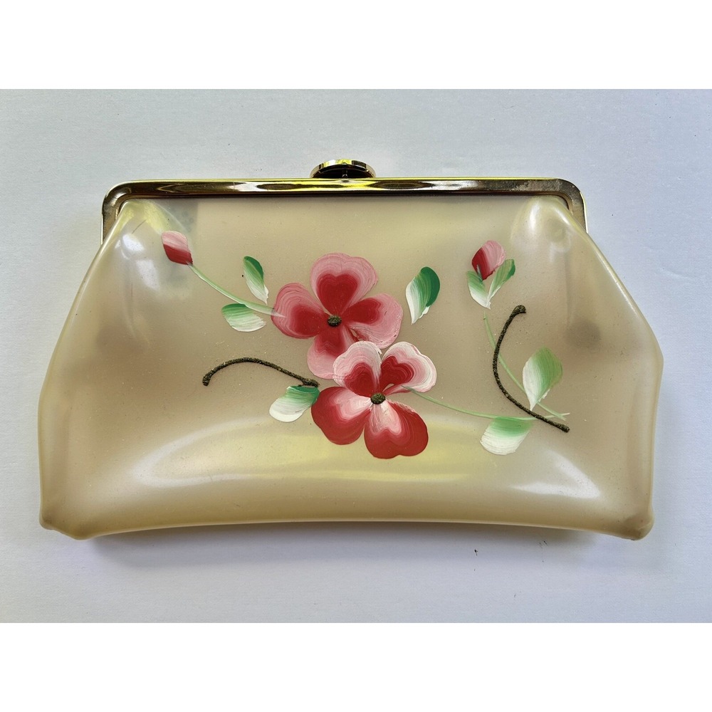 Vintage 60's Hand Painted Floral Plastic Clutch Handbag Metal Frame Flowers